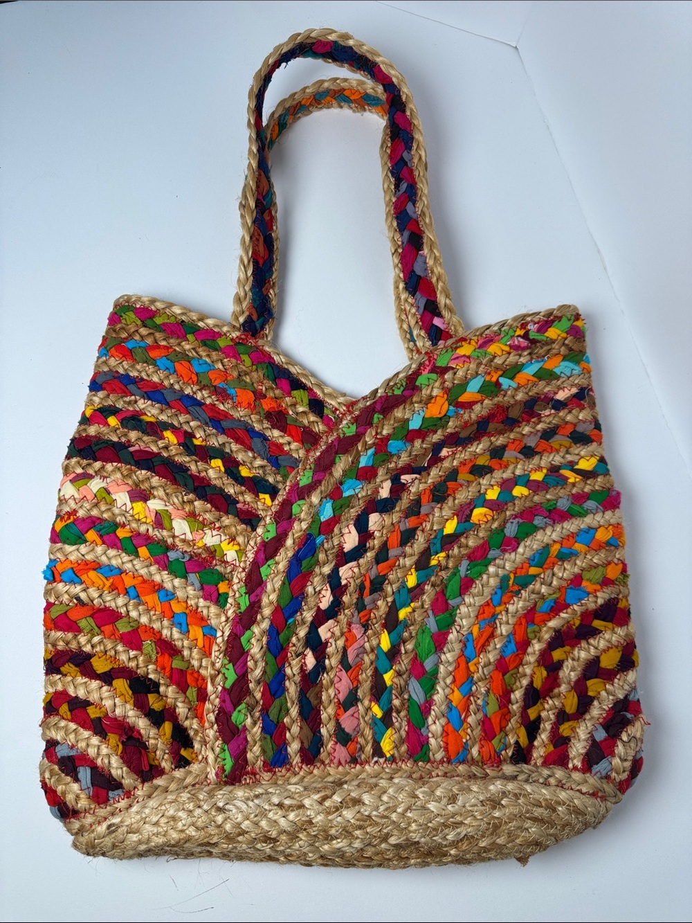 UNCOMMON Repurposed Woven Jute Straw Bag Multicolor Market Tote Carry All BOHO - Picture 2 of 10